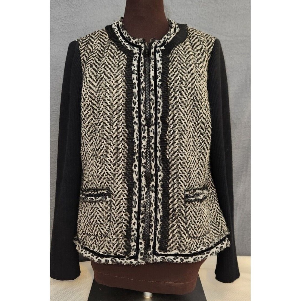 Womens Chico's Black‎ Tweed Wool Blend Herringbone Zip Animal Print Jacket Sz 1